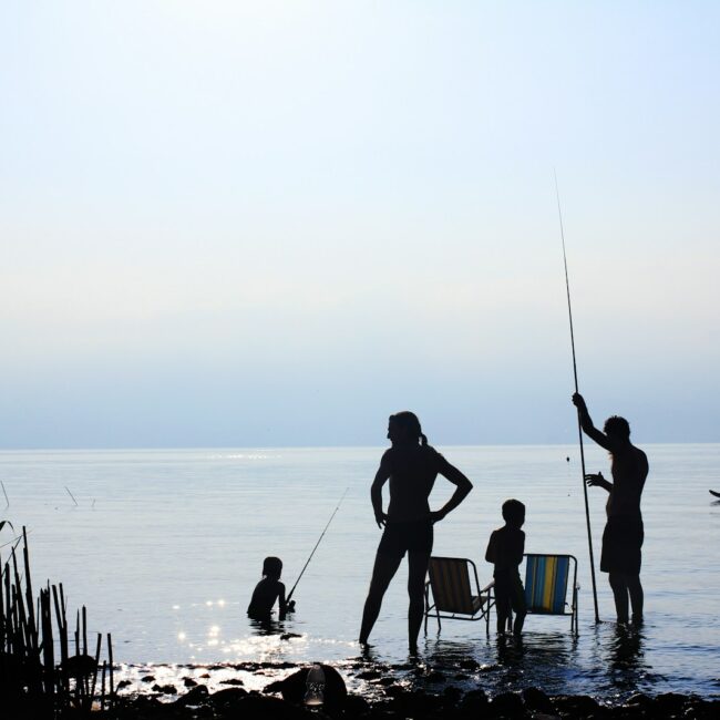 silhouette of people standing on water during daytime
